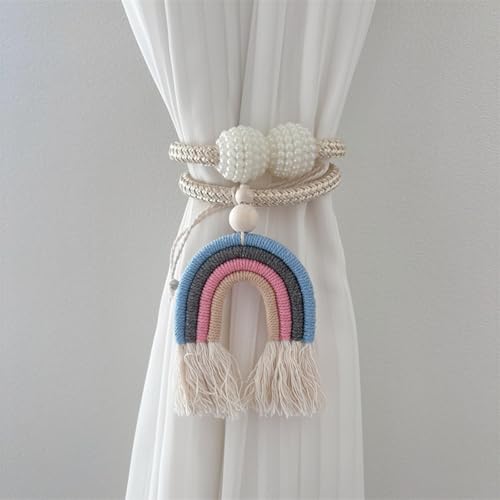 champracer 2 Stück Vorhänge Raffhalter Regenbogen Boho Vorhanghalter, Quasten Gardinenclips Raffhalter Seil, Gardinen Haken Ringe Regenbogen für Haus Kinderzimmer Dekoration (Blauer Regenbogen) von champracer