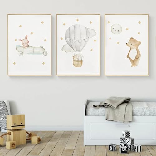 champracer 3er Kinderposter Set Bilder Kinderzimmer Cartoon Tiere Heißluftballon Wandbilder Leinwandbilder Deko Ohne Rahmen (21 * 30cm) von champracer