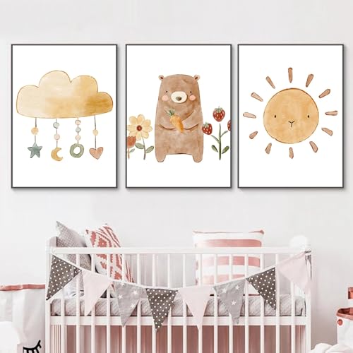 champracer 3er Kinderzimmer Bilder Set, Boho Sonne Wolke Poster Wandbilder Gelb Deko Babyzimmer Bär Bilder Wandposter für Mädchen und Jungen, Ohne Rahmen (21x30 cm,Gelb) von champracer