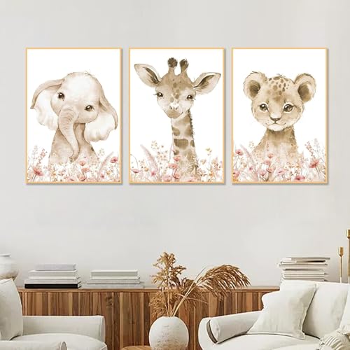 champracer 3er Set Babyzimmer Poster Safari Tiere, Plakate für Wand im Wohnzimmer, Schlafzimmer, Geschenk zur Geburt & Geburtstag für Mädchen und Jungen, Ohne Rahmen (50 x 70 cm,Kleine Tiere) von champracer