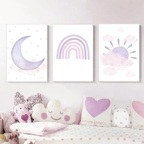 champracer 3er Set Poster Kinderzimmer Deko Bilder Bilder Kinderzimmer Regenbogen Sonne Mond Wandbilder für Jungen Mädchen Wohnzimmer Schlafzimmer Wanddeko Ohne Rahmen (30 * 40cm,lila) von champracer