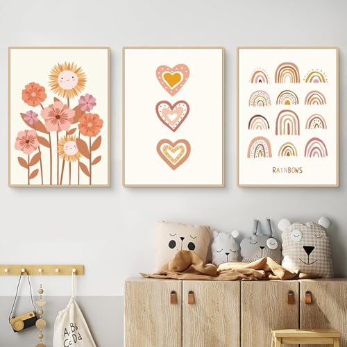 champracer 3er Set Poster für Kinderzimmer Boho Deko Bilder - Rosa Blume Sonne Regenbogen Bilde Wanddeko, Ohne Rahmen Boho Wandposter (21 x 30 cm,A) von champracer