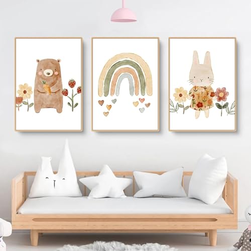 champracer 3er Set Poster für Kinderzimmer Boho Deko Bilder - Rosa Blume Sonne Regenbogen Bilde Wanddeko, Ohne Rahmen Boho Wandposter (21 x 30 cm,C) von champracer