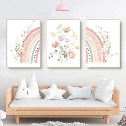 champracer 3er Set Poster für Kinderzimmer Boho Deko Bilder - Rosa Blume Sonne Regenbogen Bilde Wanddeko, Ohne Rahmen Boho Wandposter (30 x 40 cm,B) von champracer