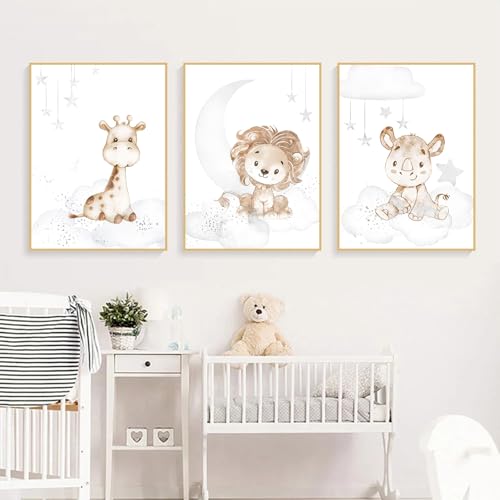 champracer Bilder Kinderzimmer, Set aus 3 Safaritieren, Kinderzimmer Dekor für Jungen und Mädchen, Kinder Wandkunst, Wandbilder Babyzimmer Deko, Ohne Rahmen (30x40 cm,Typ A) von champracer