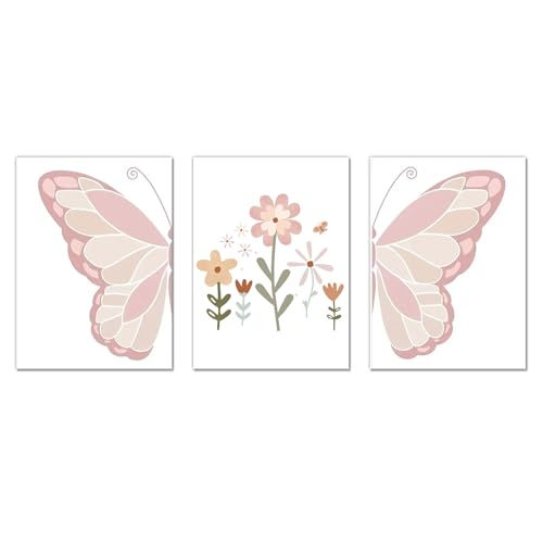 champracer Rosa Blumen Schmetterling Wandbilder Kinderzimmer Deko Aquarell Bilder kunstdrucke Leinwandbilder Babyzimmer Wanddeko Mädchen Kinderbilder, Ohne Rahmen (30x40 cm,Rosa) von champracer