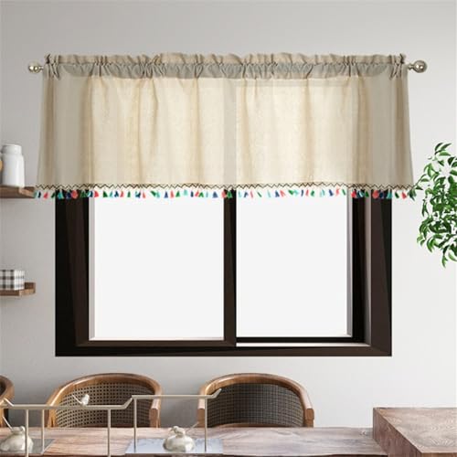 champracer Scheibengardine Boho Kurze Vorhänge Landhausstil Kurzgardine 1 Stück BxH 130x45 cm Vintage Bistrogardine Kurz Gardinen Kleines Fenstervorhang Küche Tür mit Quaste von champracer