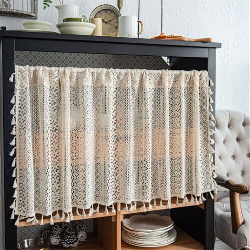 champracer Scheibengardine Landhausstil Kurzgardine Boho Kurze Vorhang Bistrogardine Häkeloptik Scheibengardine Fenstervorhang Baumwolle mit Quasten für Cafe Zimmer (1 Stüick, BxH 150x45cm) von champracer