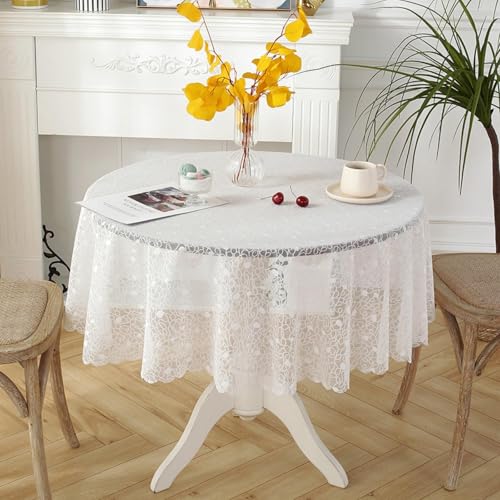 champracer Tischdecke, Spitzentischdecke Abwaschbar Spitze Rund Tischtuch Boho Vintage Weißer Blumenmuster Table Cloth für Garten Balkon Zuhause Hochzeit Festival Dekoration (G,Rund 100cm) von champracer