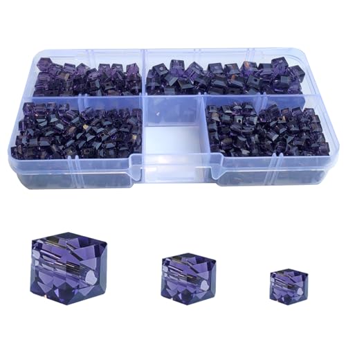 Chengmu Violette würfelförmige Glasperlen zur Schmuckherstellung, facettierte, quadratische Kristall-Abstandshalter für Armband, Halskette, Ohrringe (4 mm, 6 mm, 8 mm, verschiedene Größen, 530 Stück) von chengmu