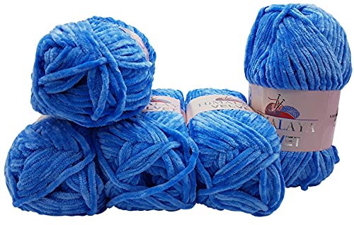 5 x 100 Gramm Himalaya Velvet Micro-Polyester Strickwolle, Babywolle samtig 500 Gramm Wolle (blau 90027) von Chenille