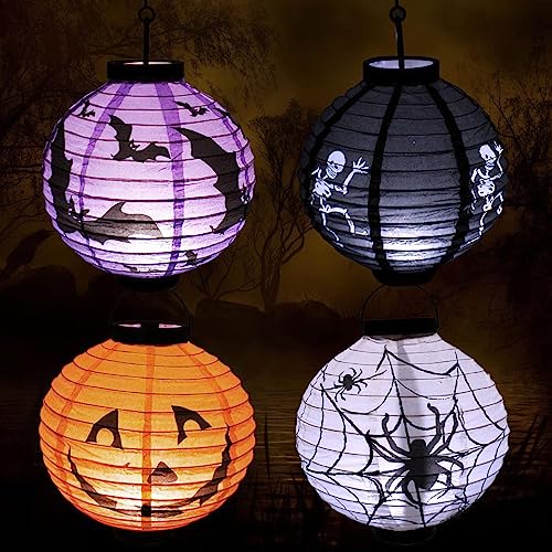 Chimoo Halloween Laterne,4 Stück Led Papierlaterne Batterie Halloween Papier Lampion für Kinder Rund 3D Faltbar Lampenschirm Papier Lampions Ideal für Outdoor/Junge Mädchen Kinder/Partydekorationen von chimoo