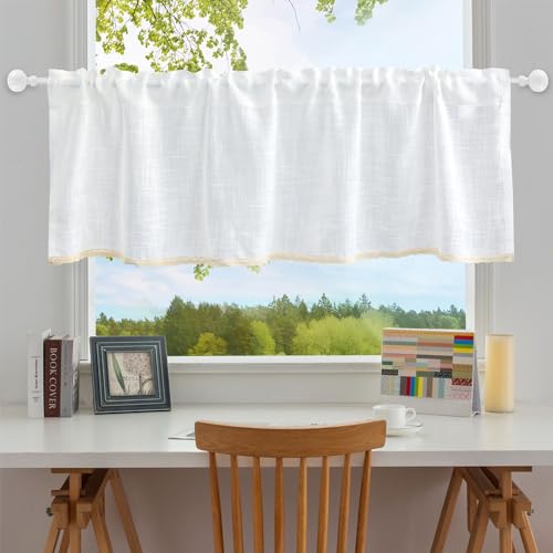 choicehot Baumwolle-Leinen-Kurzgardine Scheibengardine Weiß Halbtransparent Bistrogardine mit Spitze Küchenvorhänge Landhausstil Gardine Schlafzimmer 25x120cm(H×B) von choicehot