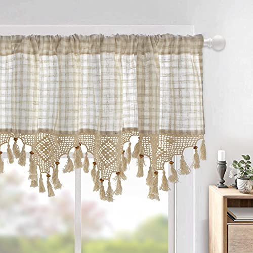 choicehot Beige Baumwolle Leinen Kurzgardine Vintage Häkelspitze Scheibengardine Landhausstil Plaid Küchengardine Shabby Bistrogardinen mit Quaste 1 Stück, H45×B180cm von choicehot