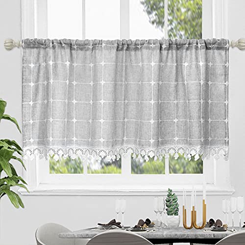 choicehot Bistrogardine Kurzgardinen Küche Baumwolle-Leinen mit Quasten - Privatsphäre Schachbrettartig Vorhang Grau Scheibengardinen Fensterschal Cafe, 60x140cm von choicehot