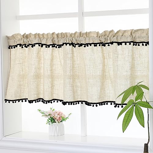 choicehot Bistrogardine aus Baumwolle-Leinen Kurzgardinen für Küchen - Modern Verdunkelungs Scheibengardine Privatsphäre Fensterschal mit Kleinen Schwarzen Fellkugeln 40x150cm von choicehot