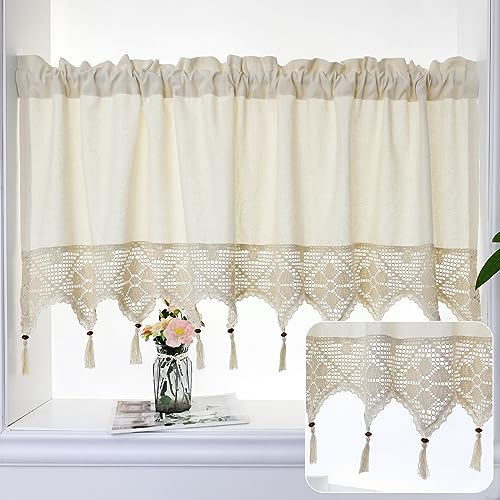 choicehot Häkelgardinen Kurzgardinen Leinen 30cm Hoch - Bistrogardine Landhausstil Scheibengardine mit Quaste Gardine für Küche Beige 30cm x150cm von choicehot