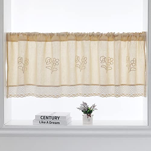 choicehot Kurzgardine aus Baumwolle-Leinen mit Handgehäkelte Spitze Privatsphäre - Dreidimensionales Florales Bistrogardine Verdunkelung Fenstervorhang für Küche 60x145cm von choicehot