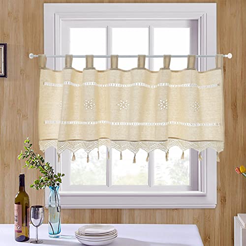 choicehot Kurzgardinen Landhausstil Scheibengardine Leinen Bistrogardine - 40 cm Hoch Gardinen Gehäkelter Hohler Beige Fenstergardinen mit Quaste 1 Stück,40x150cm(HxB) von choicehot