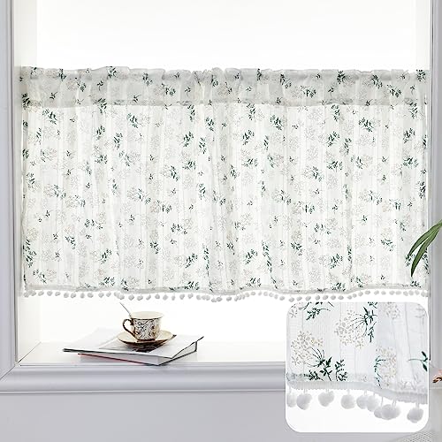 choicehot Kurzgardinen Landhausstil Scheibengardine Leinen Bistrogardine - 60 cm Hoch Gardine für Küche Weiß Florales Fenstervorhang mit Weißer Schneeball 60x140cm von choicehot