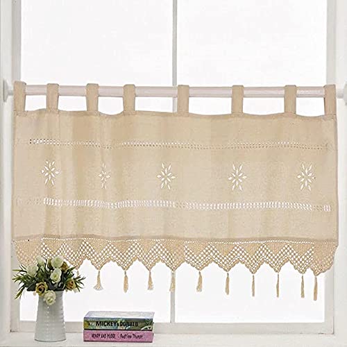 choicehot Kurzgardinen Landhausstil Scheibengardine Leinen Bistrogardine - 61cm Hoch Häkeln Gardine mit Quaste für Küchen Fensterschal mit Schlaufen 1 Stück, 61x152cm (HxB) von choicehot