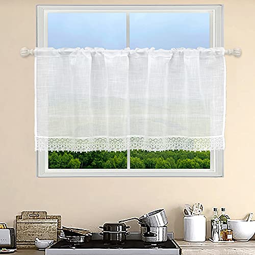 choicehot Kurzgardinen Landhausstil Scheibengardine Leinen Bistrogardine - 90 cm Hoch Gardinen für Küche Fensterschal mit Bestickte Weiß Halbtransparente 1 Stück 90x120 cm (H x B) von choicehot