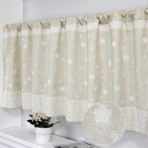 choicehot Kurzgardinen mit Weiße Blüten Baumwolle Leinen - Bistrogardine Küchenvorhänge Beige Vintage Scheibengardinen Landhausstil für Badezimmer, Küche, Dachfenster 60x145cm von choicehot