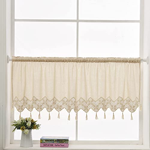 choicehot Scheibengardinen Kurzstores Kurzvorhang Beige Kurzgardinen Küche Quaste Landhausstil Vintage Bistrogardine Baumwolle und Leinen （1 Stück，H60 x B150 cm） von choicehot