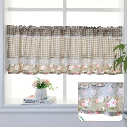 choicehot Verdunkelungs Bistrogardine mit Spitze Kurzgardinen aus Baumwolle-Leinen - Landhausstil Scheibengardine Privatsphäre Fensterschal für Küche Badezimmer Wohnzimmer 40x150cm von choicehot