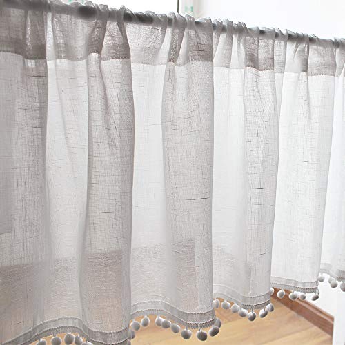 choicehot Voile Landhausstil Baumwolle Scheibengardine Vintage Leinen Vorhänge Retro Spitze Kurzstores Halbtransparente Kurzgardine mit Balls Romantische Weiße Bistrogardine 1 Stück 40×150 cm(H×B) von choicehot