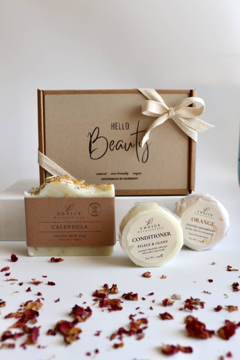 Geschenkset „Hello Beauty", Naturkosmetik, Handgemachte Seife, Vegan & Palmölfrei, Festes Shampoo, Nachhaltiges Geschenk von choicenaturseifen