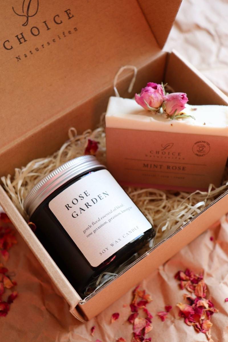 Geschenkset Hygge - Floral Box Duftkerze Im Glas, Naturkosmetik, Naturseife Vegan & Palmölfrei, Handgemachte Seife , Nachhaltiges Geschenk von choicenaturseifen