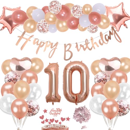 10. Geburtstag Deko Rosegold Set, Helium Stern Herz Zahl Folienballons Happy Birthday Banner Luftballons Konfetti Tisch Ballons Kuchen Tortendeko Geschenk für 10 Jahre Mädchen Kinder Party Dekoration von cholinchin