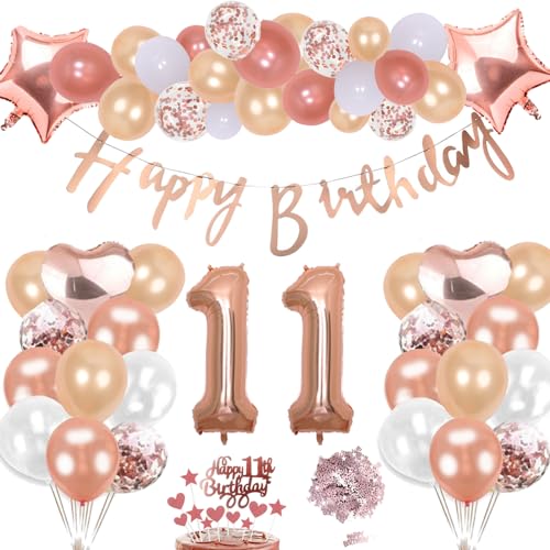 11. Geburtstag Deko Rosegold Set, Helium Stern Herz Zahl Folienballons Happy Birthday Banner Luftballons Konfetti Tisch Ballons Kuchen Tortendeko Geschenk für 11 Jahre Mädchen Kinder Party Dekoration von cholinchin