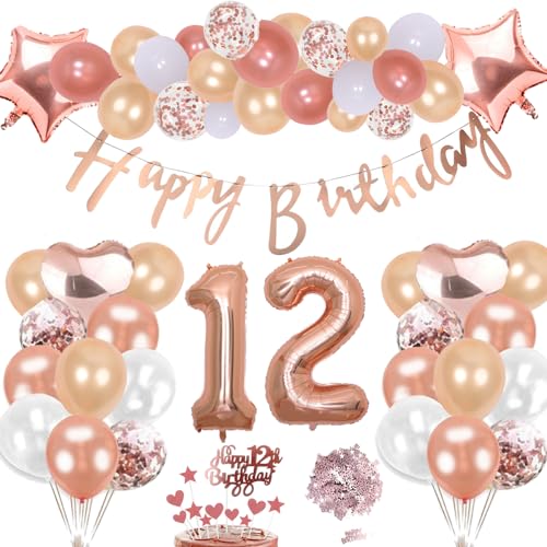 12. Geburtstag Deko Rosegold Set, Helium Stern Herz Zahl Folienballons Happy Birthday Banner Luftballons Konfetti Tisch Ballons Kuchen Tortendeko Geschenk für 12 Jahre Mädchen Kinder Party Dekoration von cholinchin