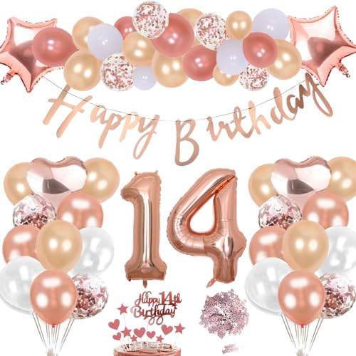 14. Geburtstag Deko Rosegold Set, Helium Stern Herz Zahl Folienballons Happy Birthday Banner Luftballons Konfetti Tisch Ballons Kuchen Tortendeko Geschenk für 14 Jahre Mädchen Kinder Party Dekoration von cholinchin