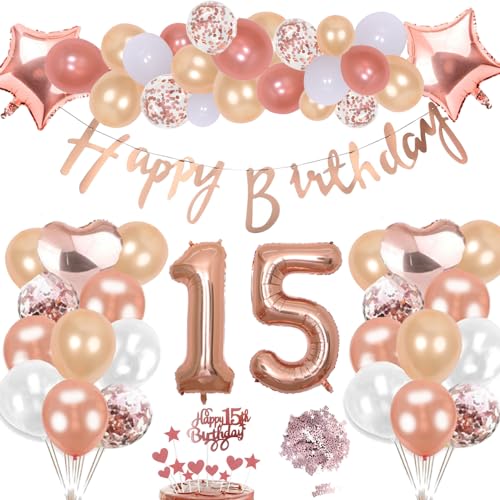 15. Geburtstag Deko Rosegold Set, Helium Stern Herz Zahl Folienballons Happy Birthday Banner Luftballons Konfetti Tisch Ballons Kuchen Tortendeko Geschenk für 15 Jahre Mädchen Kinder Party Dekoration von cholinchin