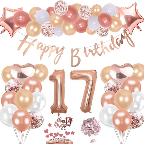 17. Geburtstag Deko Rosegold Set, Helium Stern Herz Zahl Folienballons Happy Birthday Banner Luftballons Konfetti Tisch Ballons Kuchen Tortendeko Geschenk für 17 Jahre Mädchen Kinder Party Dekoration von cholinchin