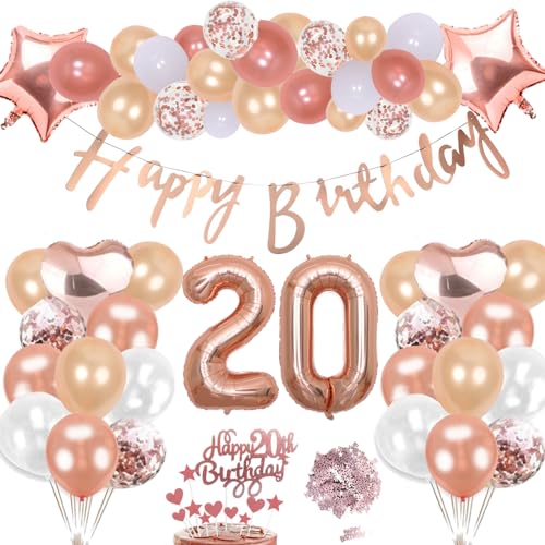 20. Geburtstag Deko Rosegold Set, Helium Herz Zahl Folienballons Happy Birthday Banner Luftballons Konfetti Tisch Ballons Kuchen Tortendeko Geschenk für 20 Jahre Mädchen Frau Frauen Party Dekoration von cholinchin