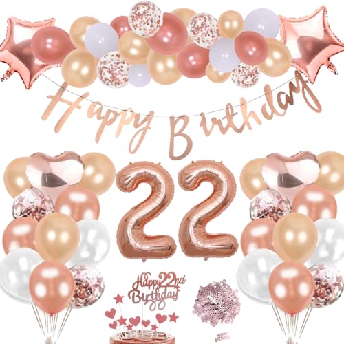 22. Geburtstag Deko Rosegold Set, Helium Herz Zahl Folienballons Happy Birthday Banner Luftballons Konfetti Tisch Ballons Kuchen Tortendeko Geschenk für 22 Jahre Mädchen Frau Frauen Party Dekoration von cholinchin