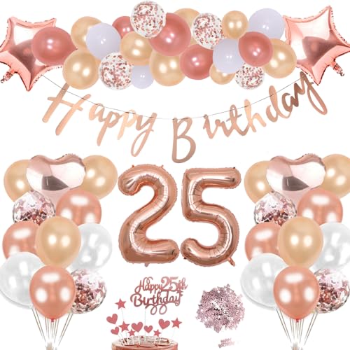 25. Geburtstag Deko Rosegold Set, Helium Herz Zahl Folienballons Happy Birthday Banner Luftballons Konfetti Tisch Ballons Kuchen Tortendeko Geschenk für 25 Jahre Mädchen Frau Frauen Party Dekoration von cholinchin