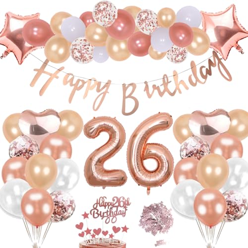 26. Geburtstag Deko Rosegold Set, Helium Herz Zahl Folienballons Happy Birthday Banner Luftballons Konfetti Tisch Ballons Kuchen Tortendeko Geschenk für 26 Jahre Mädchen Frau Frauen Party Dekoration von cholinchin