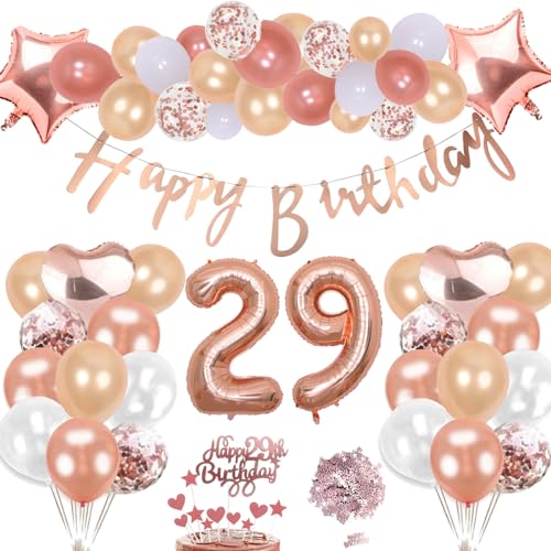 29. Geburtstag Deko Rosegold Set, Helium Herz Zahl Folienballons Happy Birthday Banner Luftballons Konfetti Tisch Ballons Kuchen Tortendeko Geschenk für 29 Jahre Mädchen Frau Frauen Party Dekoration von cholinchin