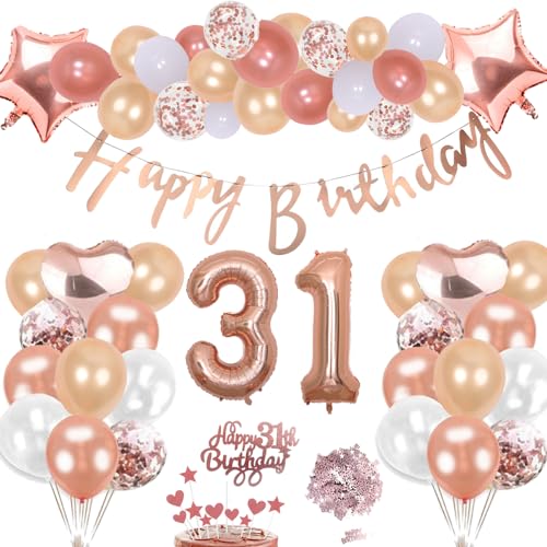 31. Geburtstag Deko Rosegold Set, Helium Herz Zahl Folienballons Happy Birthday Banner Luftballons Konfetti Tisch Ballons Kuchen Tortendeko Geschenk für 31 Jahre Mädchen Frau Frauen Party Dekoration von cholinchin