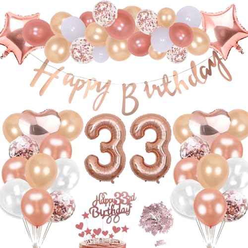 33. Geburtstag Deko Rosegold Set, Helium Herz Zahl Folienballons Happy Birthday Banner Luftballons Konfetti Tisch Ballons Kuchen Tortendeko Geschenk für 33 Jahre Mädchen Frau Frauen Party Dekoration von cholinchin