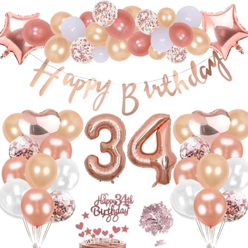 34. Geburtstag Deko Rosegold Set, Helium Herz Zahl Folienballons Happy Birthday Banner Luftballons Konfetti Tisch Ballons Kuchen Tortendeko Geschenk für 34 Jahre Mädchen Frau Frauen Party Dekoration von cholinchin