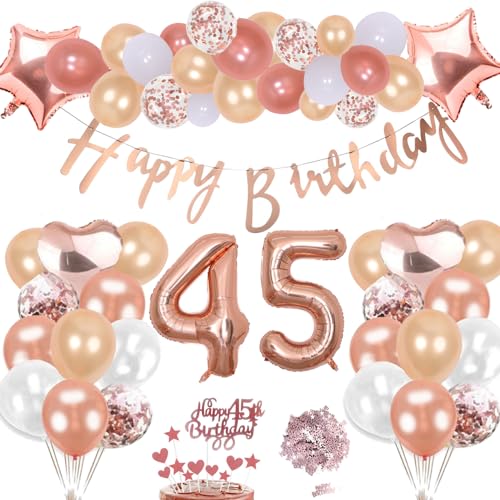 45. Geburtstag Deko Rosegold Set, Helium Herz Zahl Folienballons Happy Birthday Banner Luftballons Konfetti Tisch Ballons Kuchen Tortendeko Geschenk für 45 Jahre Mädchen Frau Frauen Party Dekoration von cholinchin