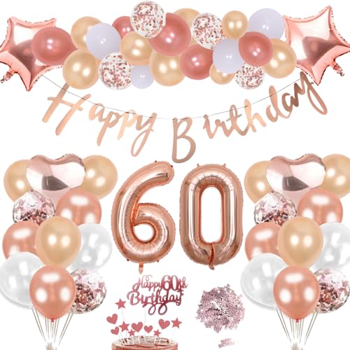 60. Geburtstag Deko Rosegold Set, Helium Herz Zahl Folienballons Happy Birthday Banner Luftballons Konfetti Tisch Ballons Kuchen Tortendeko Geschenk für 60 Jahre Mädchen Frau Frauen Party Dekoration von cholinchin