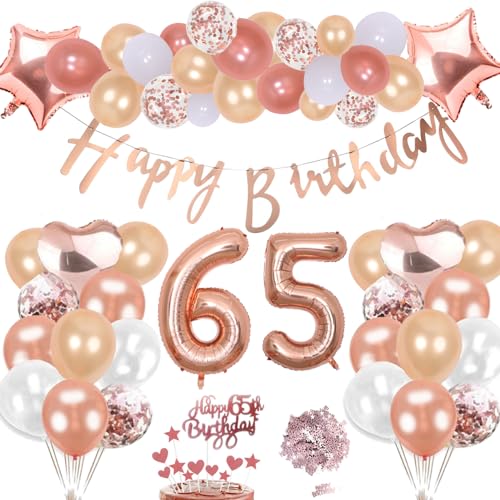 65. Geburtstag Deko Rosegold Set, Helium Herz Zahl Folienballons Happy Birthday Banner Luftballons Konfetti Tisch Ballons Kuchen Tortendeko Geschenk für 65 Jahre Mädchen Frau Frauen Party Dekoration von cholinchin