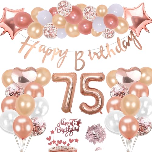 75. Geburtstag Deko Rosegold Set, Helium Herz Zahl Folienballons Happy Birthday Banner Luftballons Konfetti Tisch Ballons Kuchen Tortendeko Geschenk für 75 Jahre Mädchen Frau Frauen Party Dekoration von cholinchin